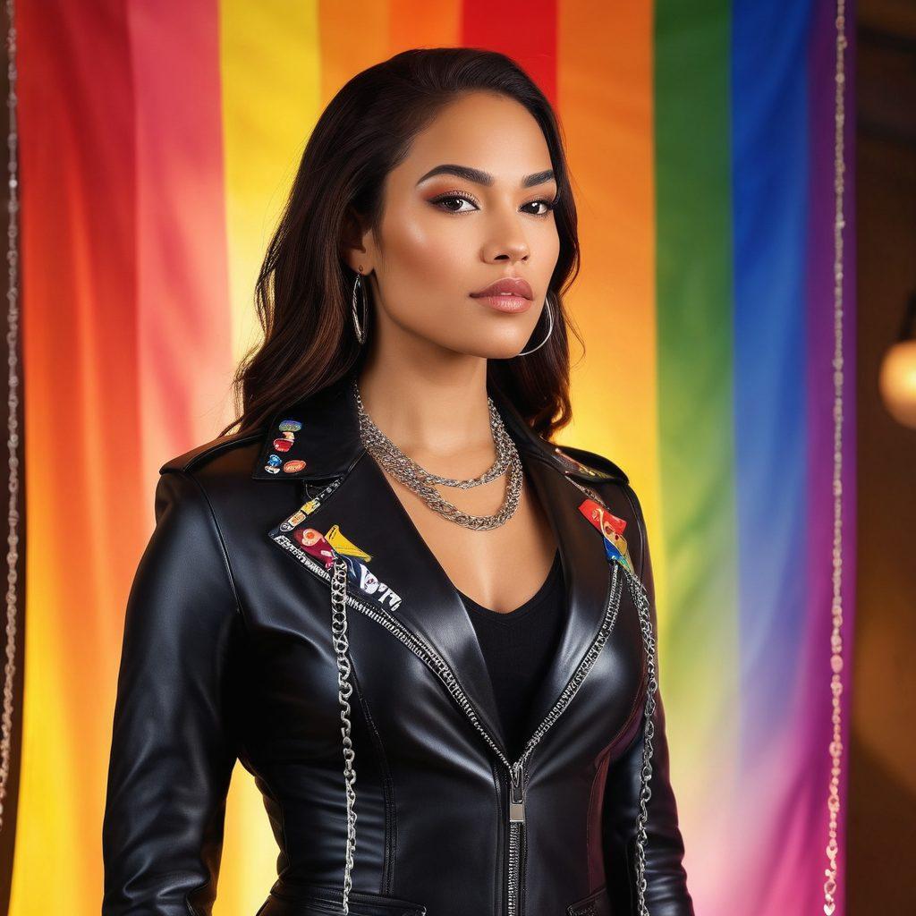 A powerful and confident woman in a stylish leather outfit, standing tall with an air of authority, surrounded by vibrant symbols of empowerment like a rainbow flag and chains. In the background, a soft-focused, intimate space with warm lighting, showcasing books and art that reflect diversity and strength. Her expression conveys determination and allure. Artistic style with bold colors, contemporary aesthetics, and a hint of sensuality.