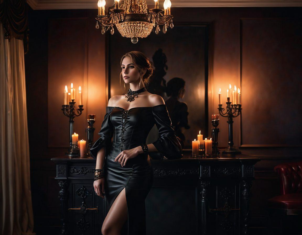 A mysterious, dimly lit room filled with luxurious BDSM accessories, featuring a confident woman in elegant fetish attire asserting her dominance over a submissive partner. The scene is imbued with an air of empowerment and exploration, showcasing elements like cuffs, collars, and candles in vibrant hues. The focus is on the interplay of power dynamics and intimacy. super-realistic. vibrant colors. soft shadows.